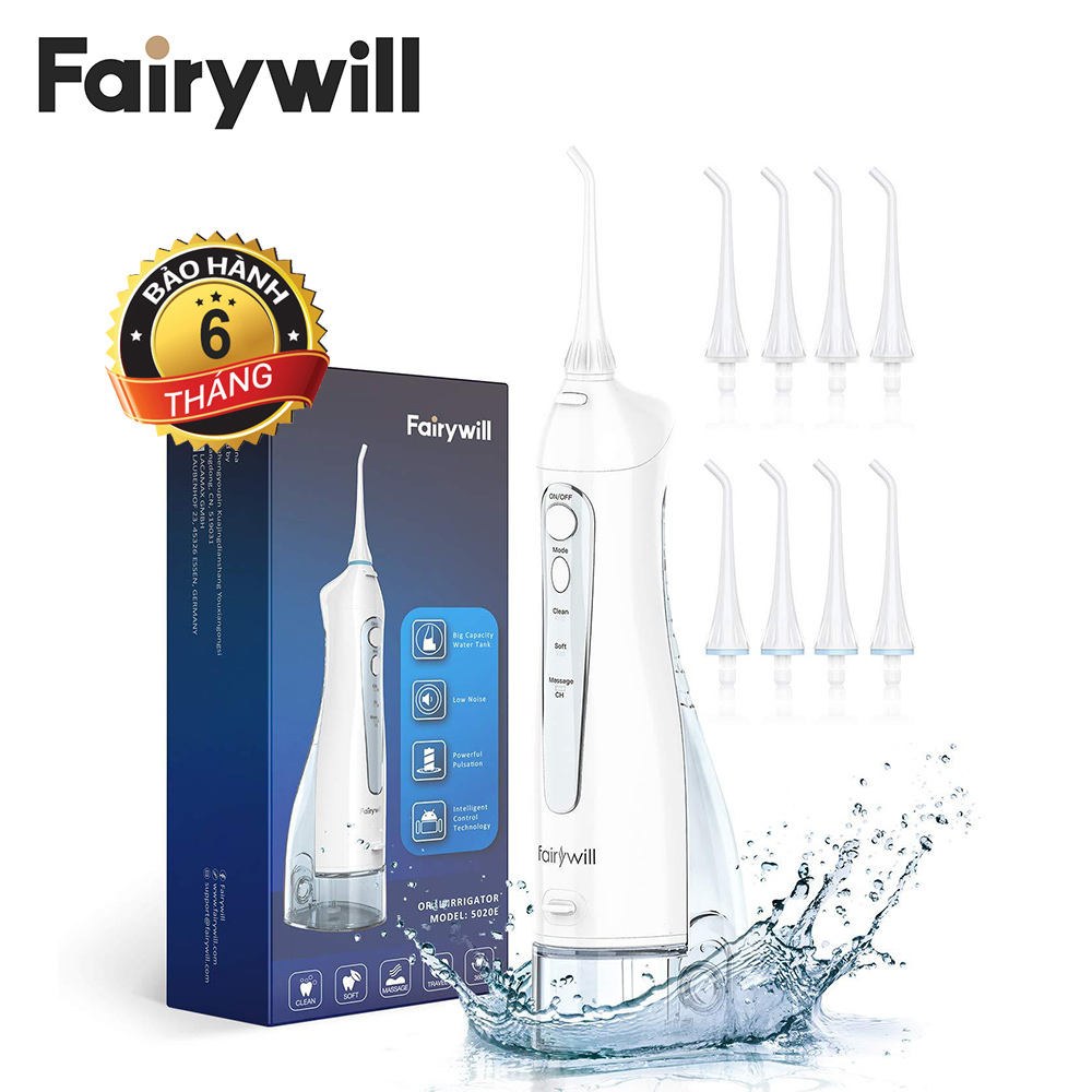 Máy tăm nước cầm tay FAIRYWILL FW-5020E Bản Màu Trắng Thiết kế nhỏ gọn Sạc bằng USB Dễ mang đi du lịch Hàng Chính Hãng