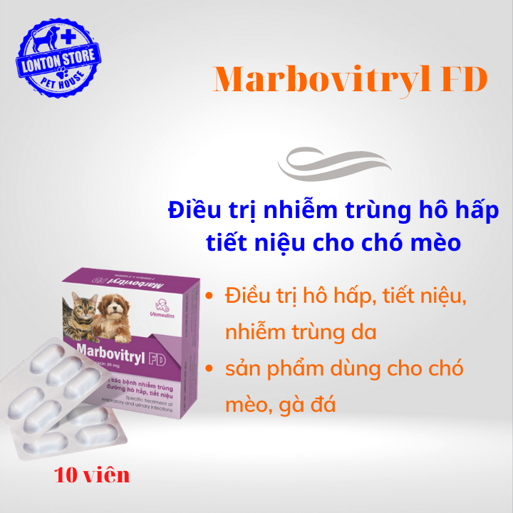 Viên Uống Marbovitryl - Điều trị nhiễm trùng hô hấp tiết niệu cho chó mèo, 10 viên/ hộp