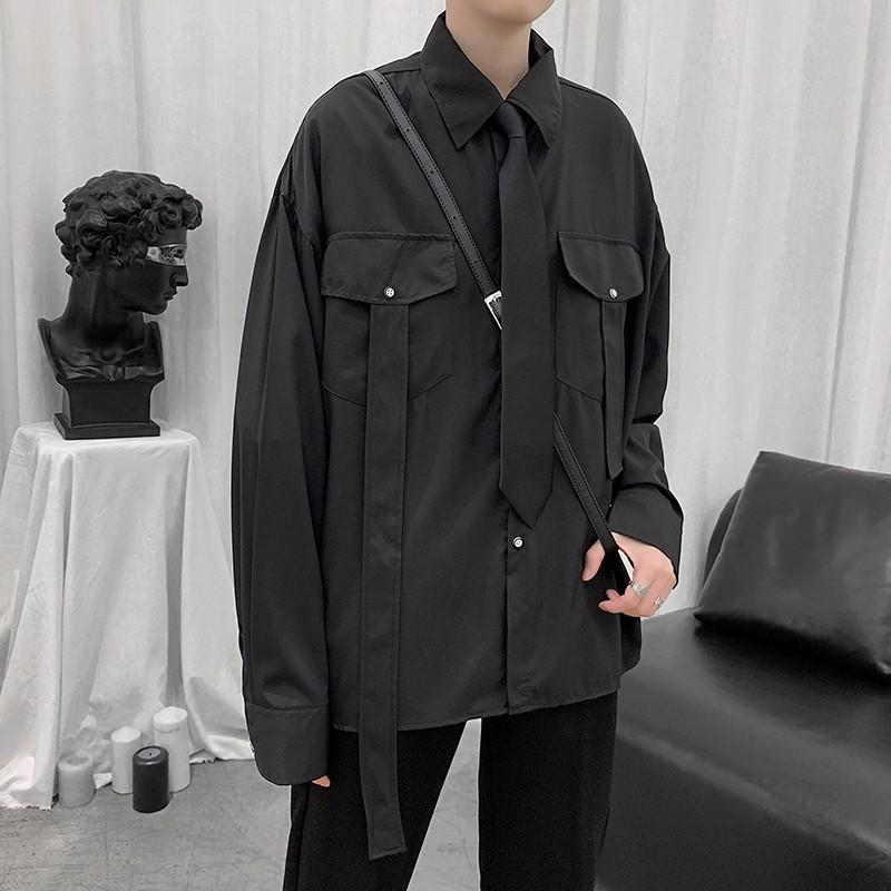 Áo sơ mi dáng rộng tay dài phối 2 túi phong cách hip hop cho nam