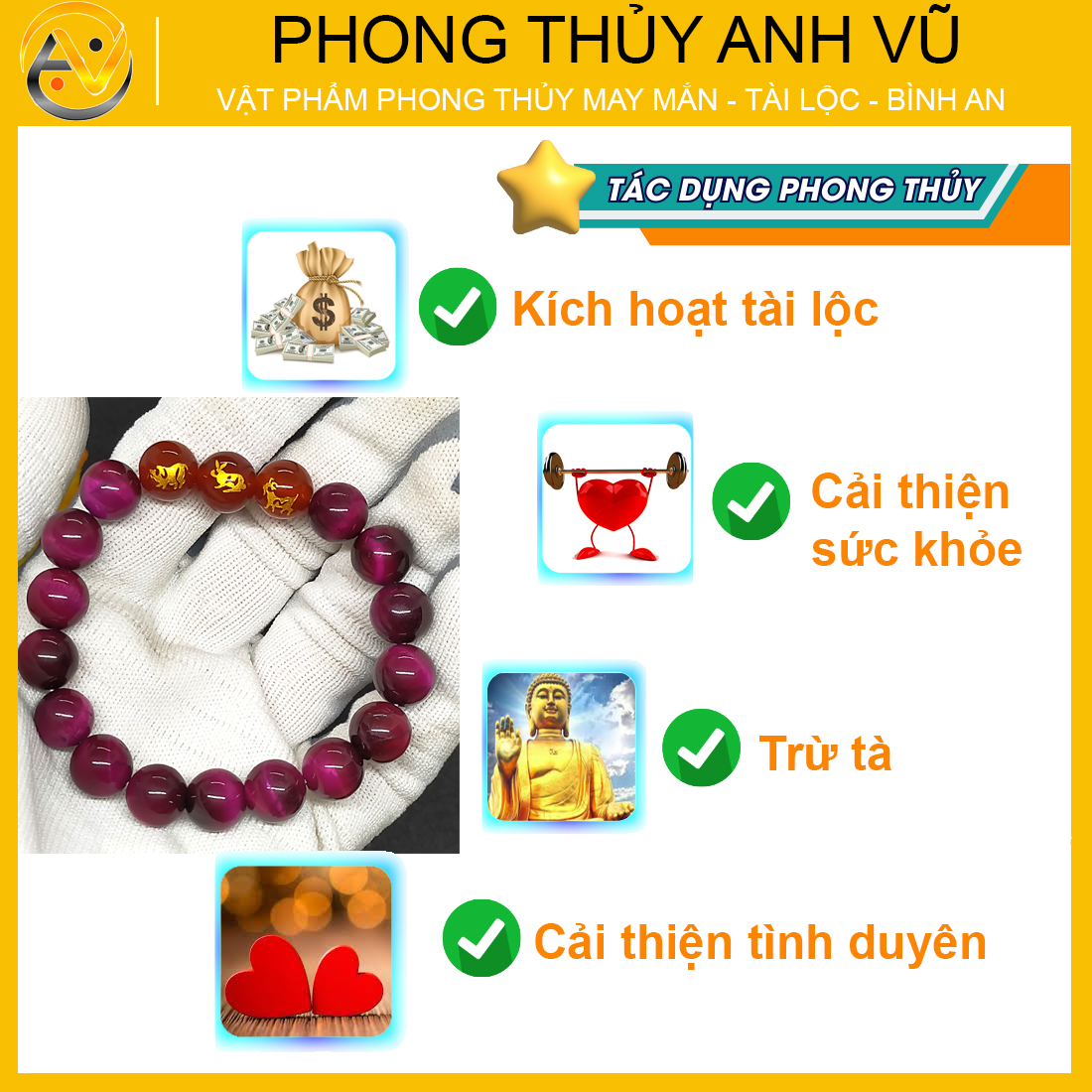 Vòng tay phong thủy nữ tam hợp hợi mão mùi - chất liệu đá mắt hổ hồng tự nhiên - size 8 10ly - may mắn tài lộc - Vòng Tam Hợp Anh Vũ