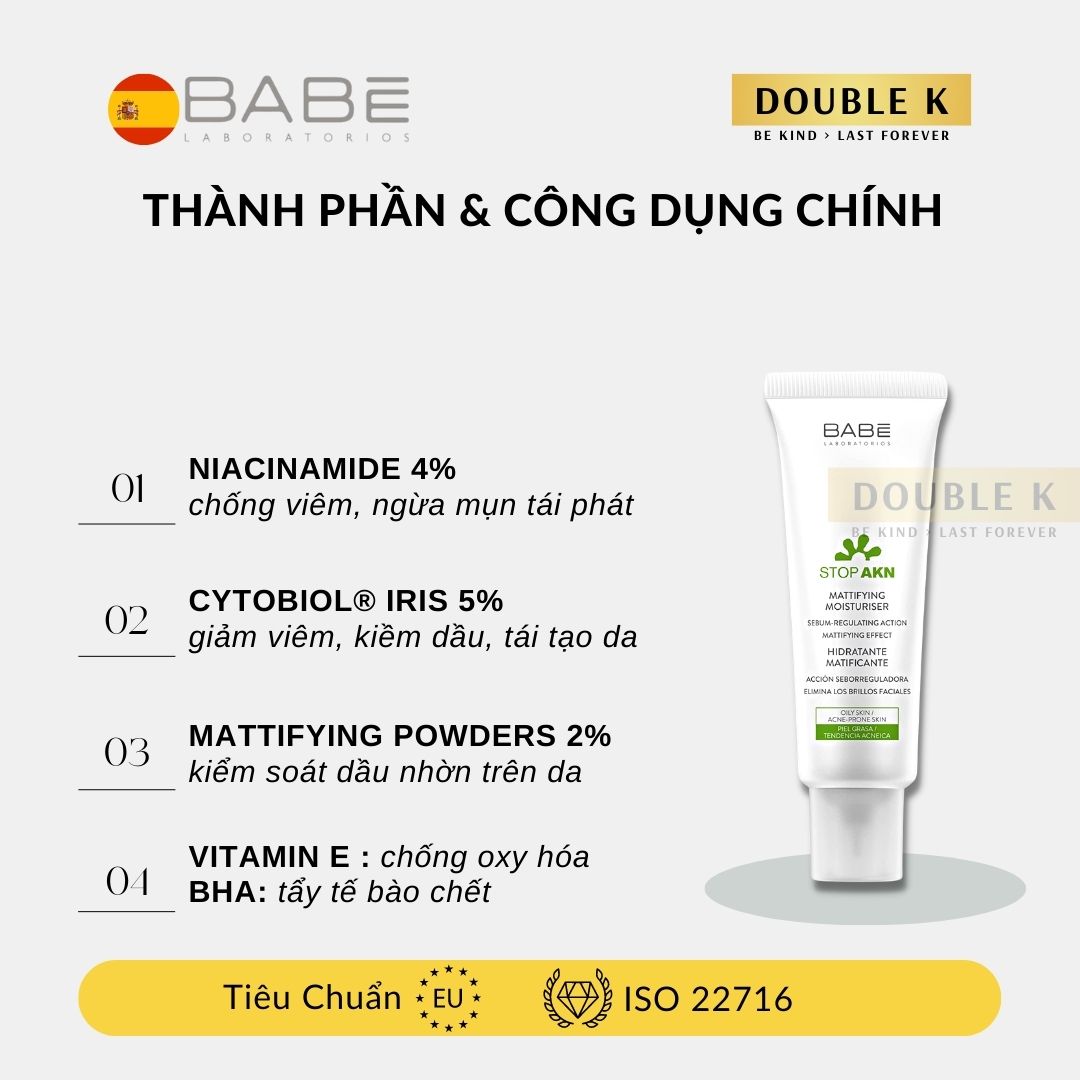 Kem Dưỡng Cho Da Dầu Mụn BABE Stop AKN Mattifying Moisturiser - Kiềm Dầu, Giảm Mụn - Double K