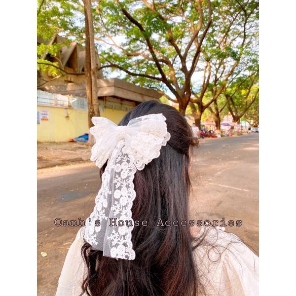 Kẹp nơ ren lớn đuôi dài tiêu thư