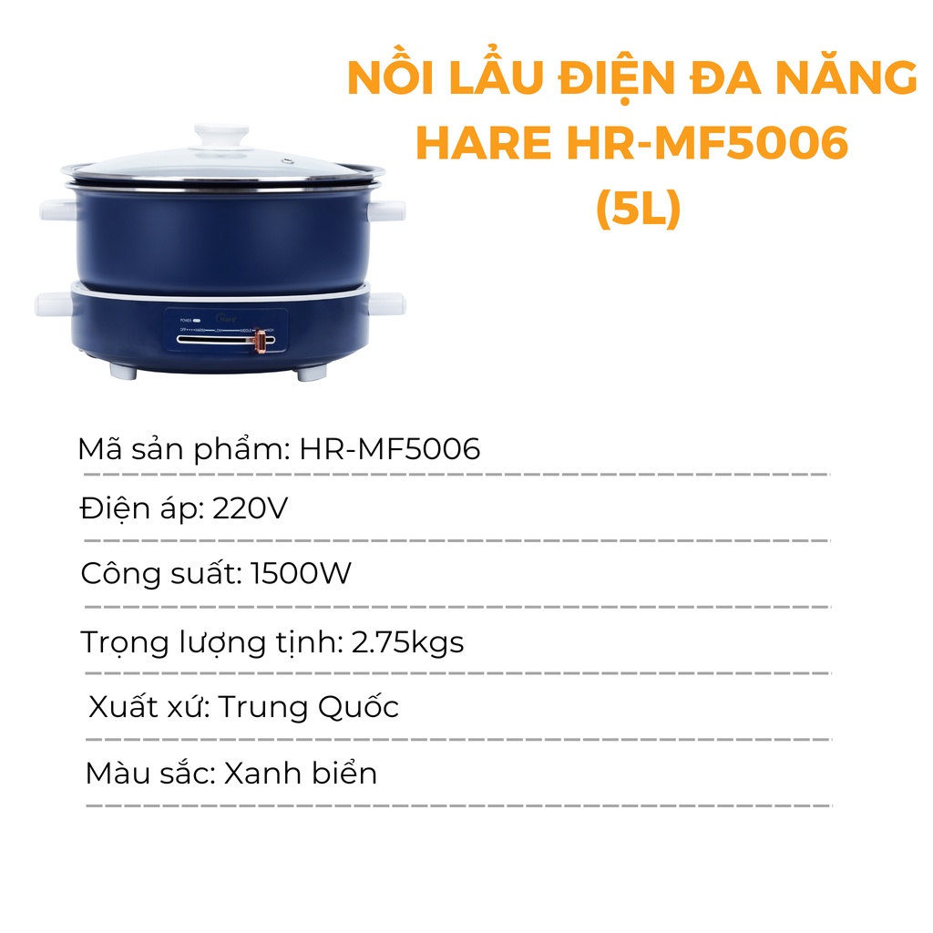 Nồi lẩu điện đa năng HR-MF5006 (5L) -hàng chính hãng thương hiệu Hare- bảo hành 12 tháng