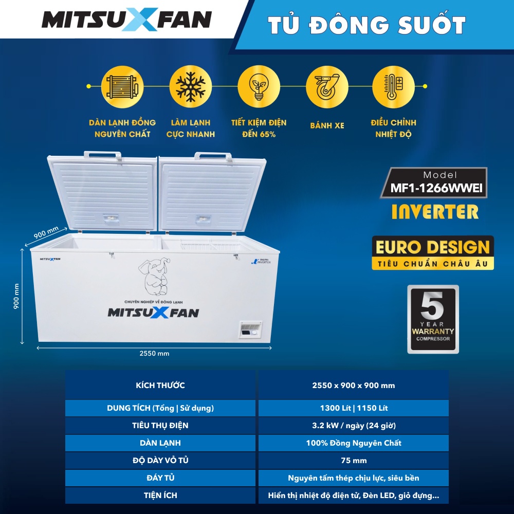 Tủ Đông Cao Cấp MITSUXFAN MF1-1266WWEI Inverter 1300 Lít, 01 Ngăn, Tủ Cấp Đông Tiêu Chuẩn Châu Âu - Hàng Chính Hãng