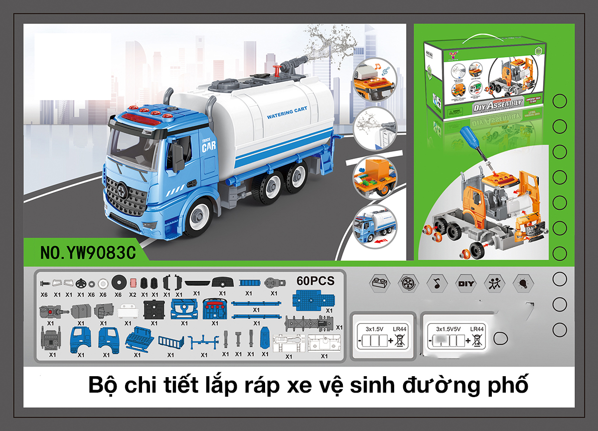 Bộ đồ chơi lắp ghép xe bồn phun nước KAVY có nhạc và đèn dạng mô hình lắp ráp xe giúp bé phát triển thực hành