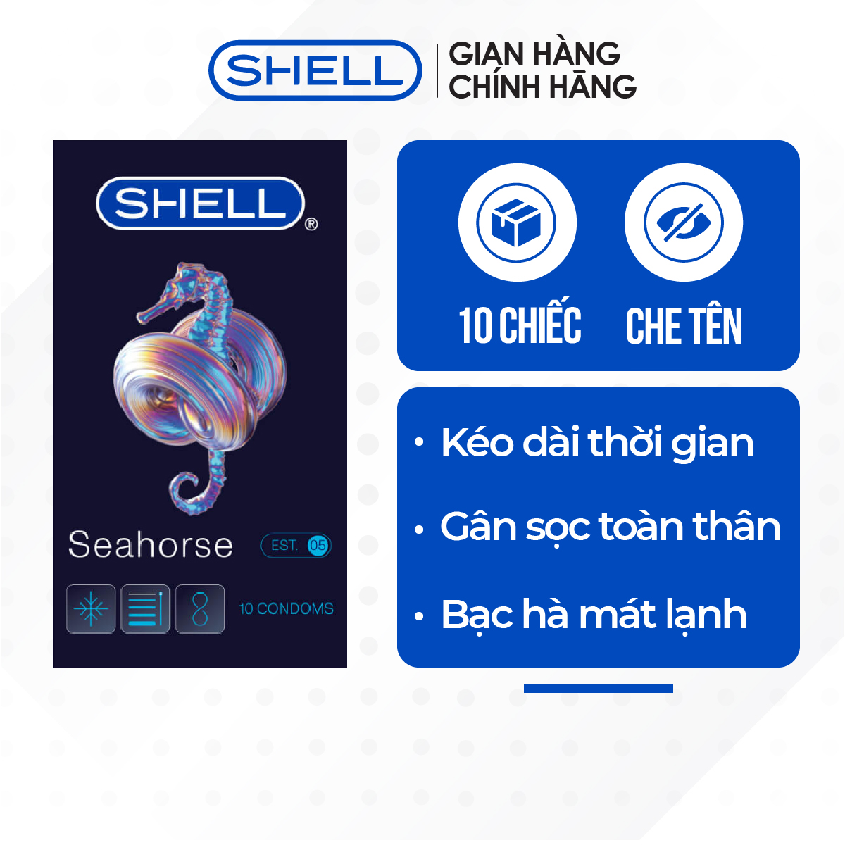 [Hộp 10 cái] Bao cao su Shell Seahorse - Kéo dài thời gian 