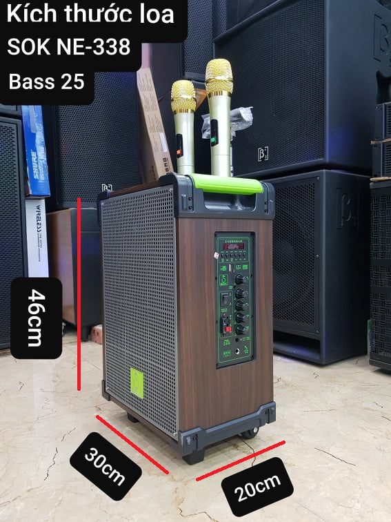 Loa kéo Karaoke Bluetooth SOK NE-338: Phiên bản 2022, Bass 25, Có 2 Micro không dây đi kèm