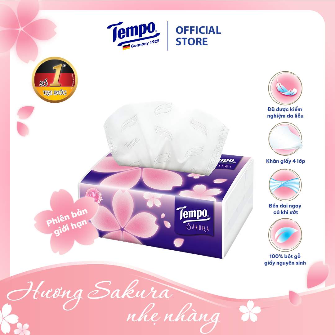 Khăn Giấy Rút Cao cấp Tempo Hương Sakura - 4 Lớp Bền Dai, An Toàn Cho Da - Thương Hiệu Đức (Lốc 4 Gói)