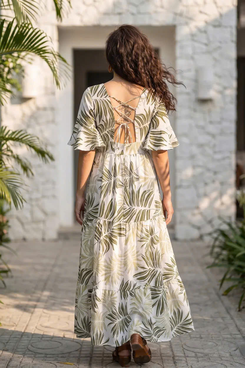 Đầm Maxi Linen Lá Cọ Du Lịch Nhiệt Đới, Đầm Maxi Linen Bích Diệp Dre204 Thời trang Hity