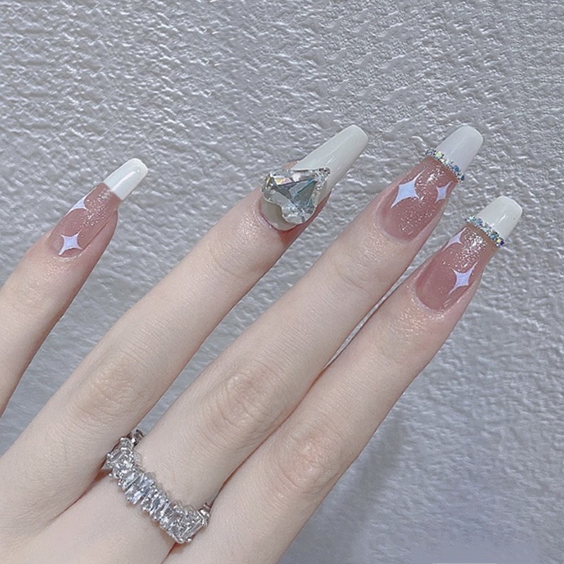 Móng giả Gắn Đ.á Hồng Trắng 24 móng, Móng tay giả dài kèm keo Mẫu T62