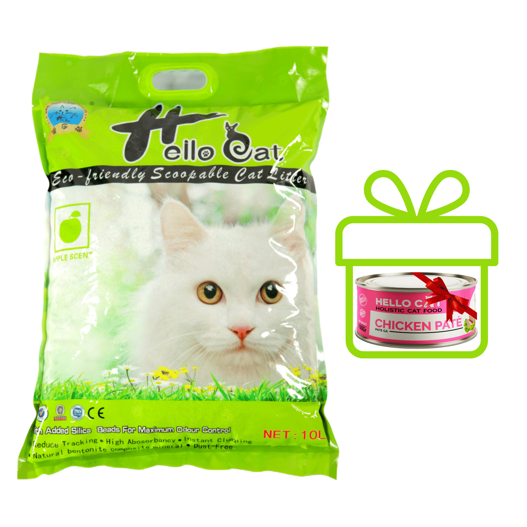 Cát Vệ Sinh Thái Lan Dành Cho Mèo Hương Táo Không Bụi Vón Nhanh Mùi Hương Dịu Nhẹ Dễ Chịu Hello Cat Apple Bentonite Sand (10L/7KG) - TẶNG 1 Lon Pate Hello Cat Pate Mùi Ngẫu Nhiên 190G