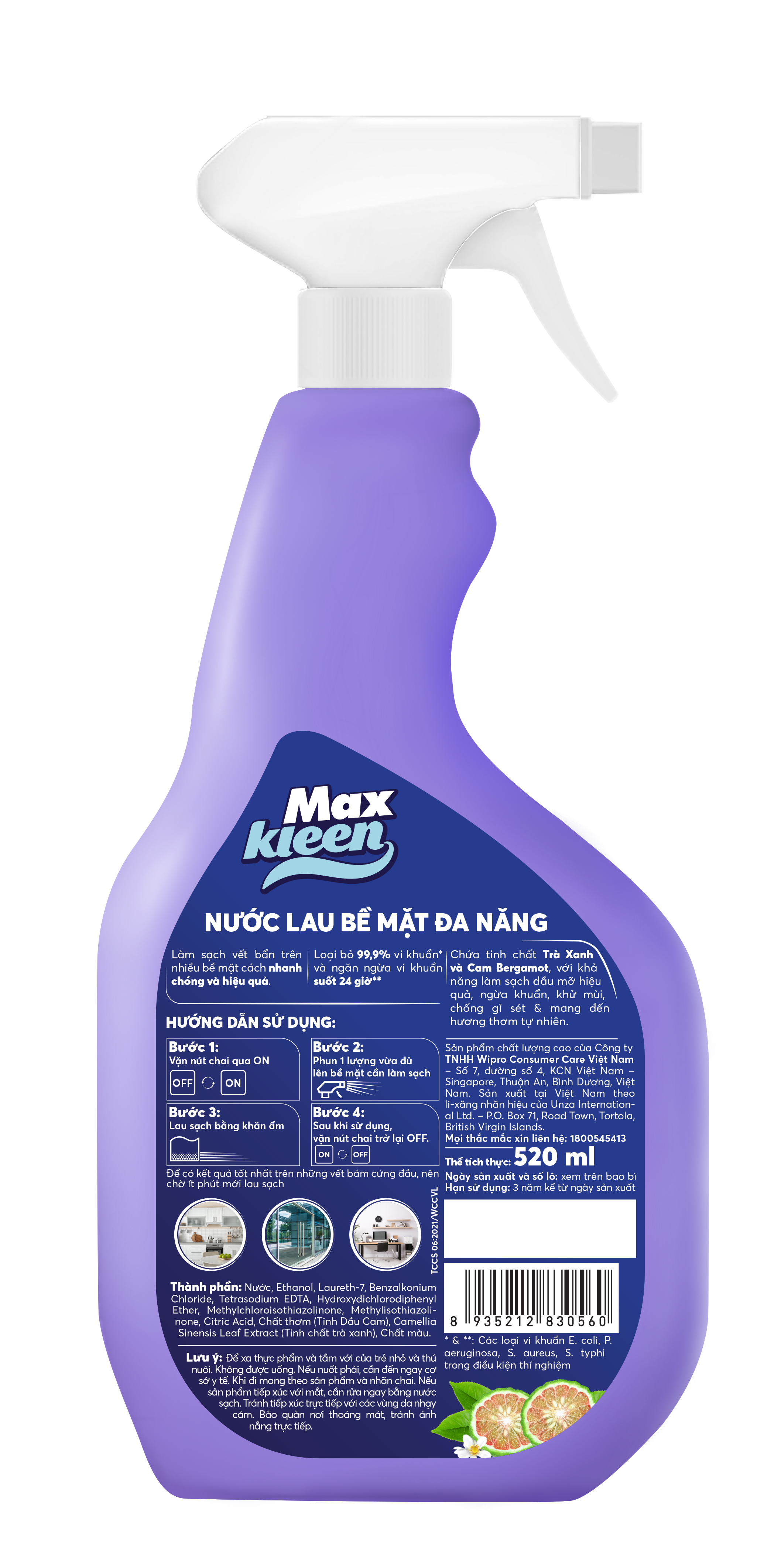 Nước Lau Bề Mặt Đa Năng MaxKleen Loại Bỏ 99.9% Vi Khuẩn Hương Trà Xanh & Cam Bergamot 520ml