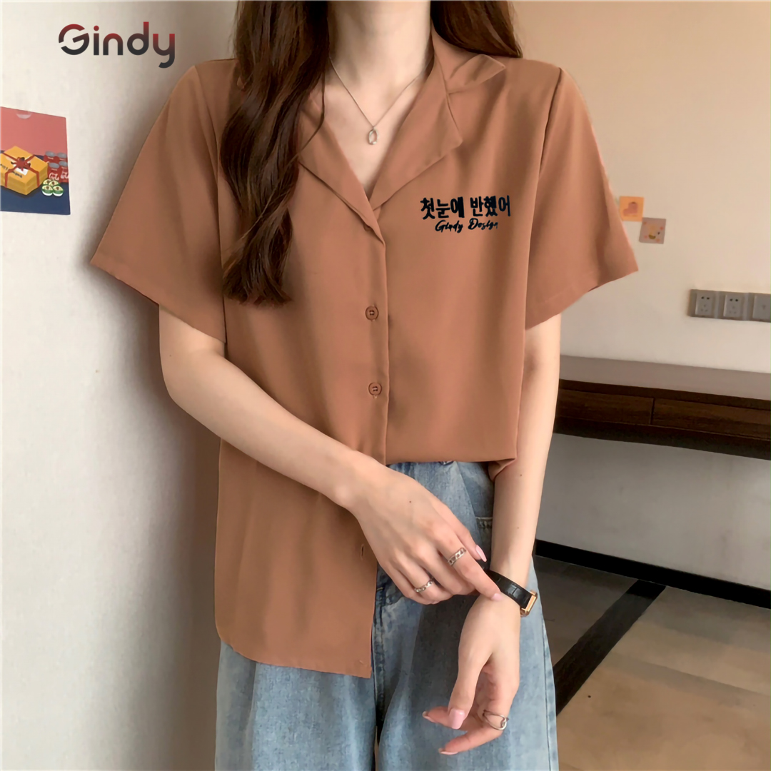 Áo sơ mi nữ tay ngắn GINDY cổ vest thêu chữ dáng basic trơn thời trang sơmi công sở, học sinh A029