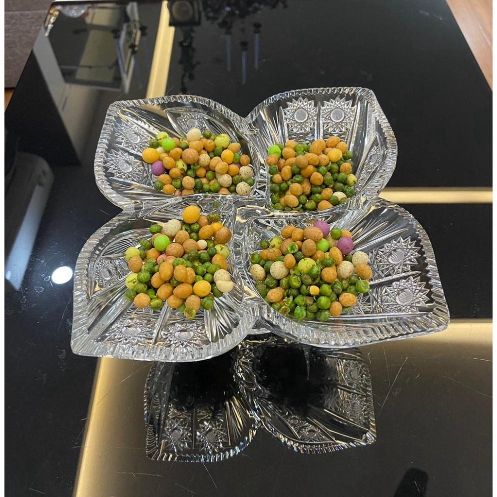 Chân Bồng 4 Cánh Hoa Pha Lê Mài Bohemia 30cm, Khay Bồng Pha Lê Trang Trí Bàn Tiệc, Nhập Đức