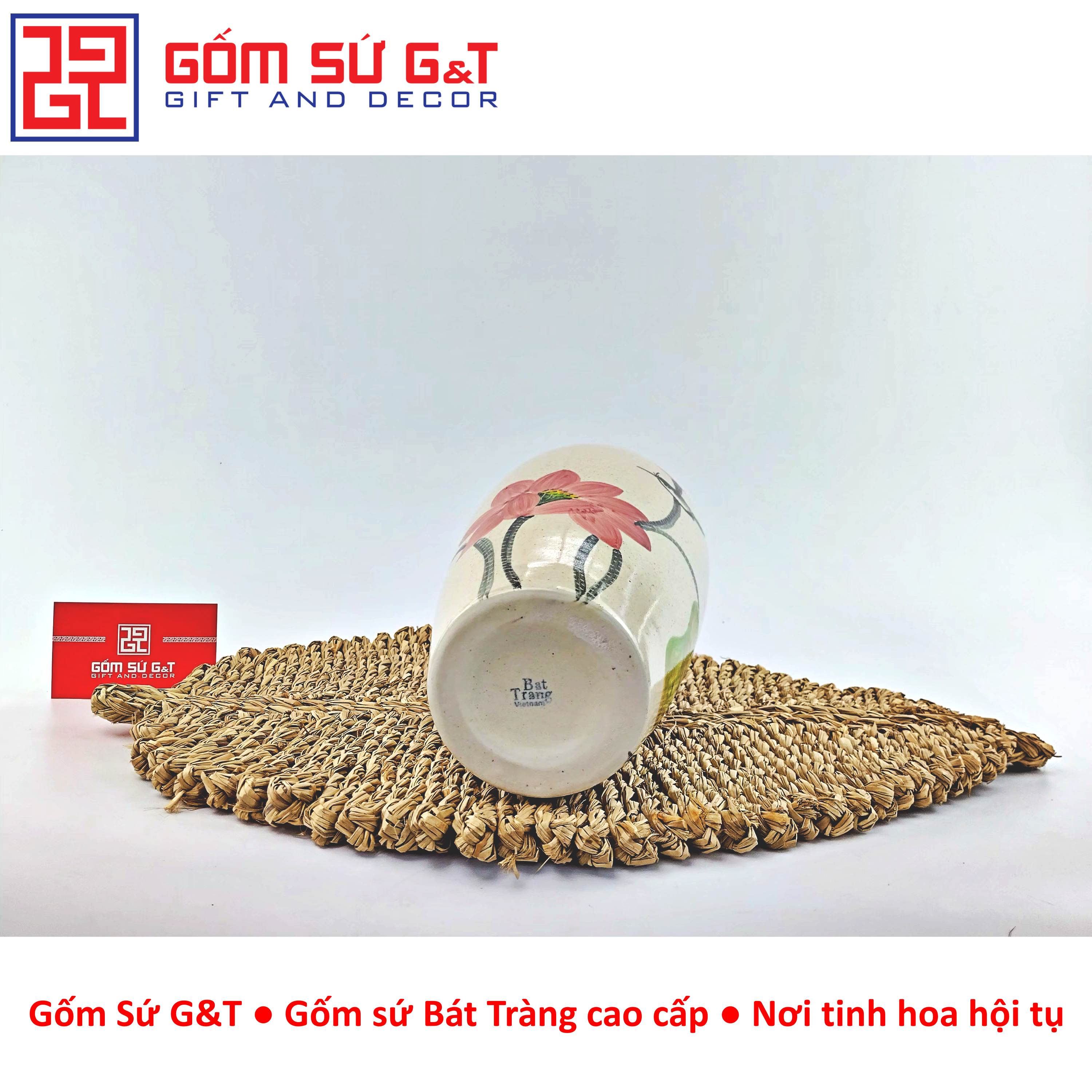Lọ hoa dáng bom men cát vẽ sen cầm Gốm Sứ G&amp;T