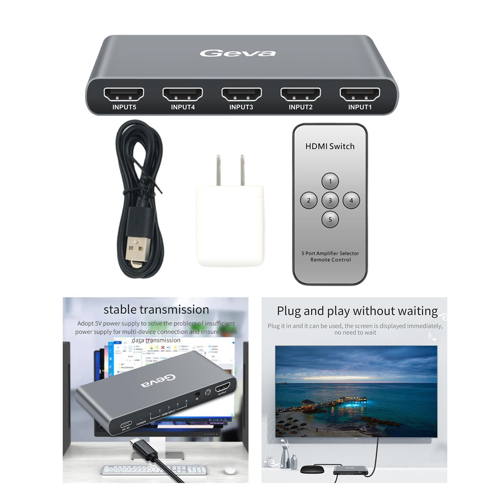 5 in 1 Out 4K@60Hz HDMI2.0 Switcher Selector,with IR Wireless Remote,HDMI Audio Extractor,5 Port 5x1 HDMI Switcher Splitter Box for Computer