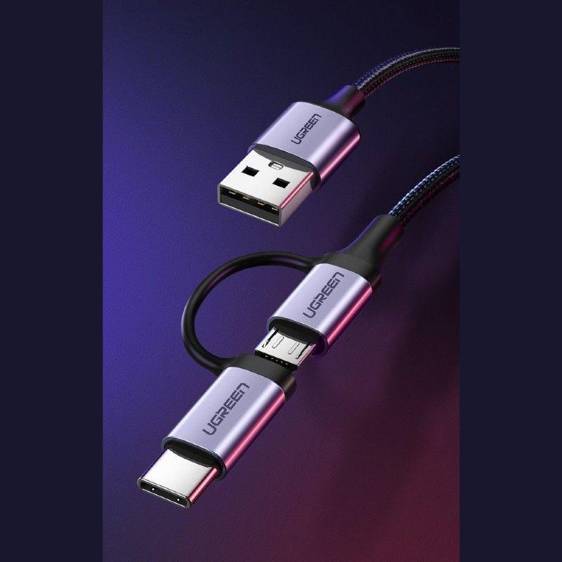 Ugreen UG30875US177TK 1m cáp USB A ra Micro + Type C màu đen dây bện dù đầu bọc nhôm - HÀNG CHÍNH HÃNG