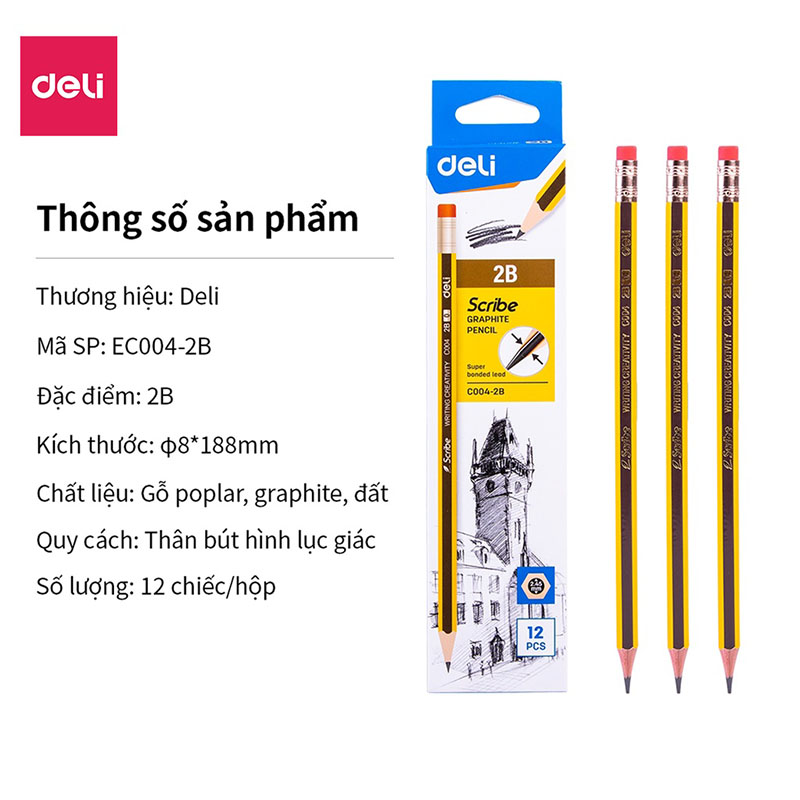 Hộp 12 bút chì gỗ Deli 2B thân lục giác có tẩy Scribe C004