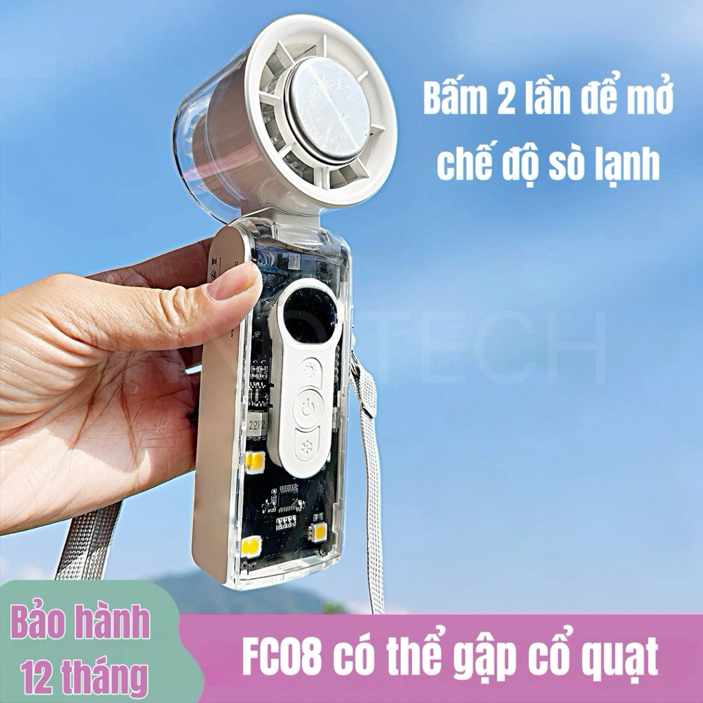 Quạt Sò Lạnh Gấp Gọn 3000Mah Fc08 Với 7 Cánh Quạt 100 Cấp Gió, Màn Hình Led Vỏ Trong Suốt