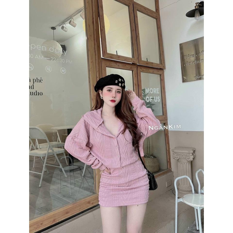 FREE SHIP Set áo khoác tay dài có nón cài nút kèm chân váy xinh siêu dễ thương KIM GIA DS
