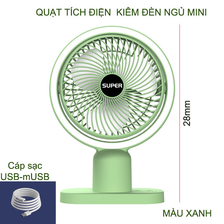 Quạt tích điện kiêm đèn ngủ thế hệ mới, không chổi than chạy êm, có điều chỉnh tốc độ quạt