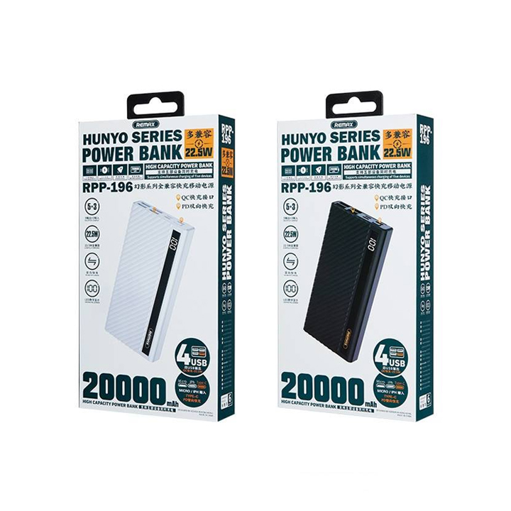 Pin sạc dự phòng Hunyo series II Remax RPP-196 20000mAh sạc nhanh PD QC3.0 4 cổng USB max 22.5W - Hàng nhập khẩu