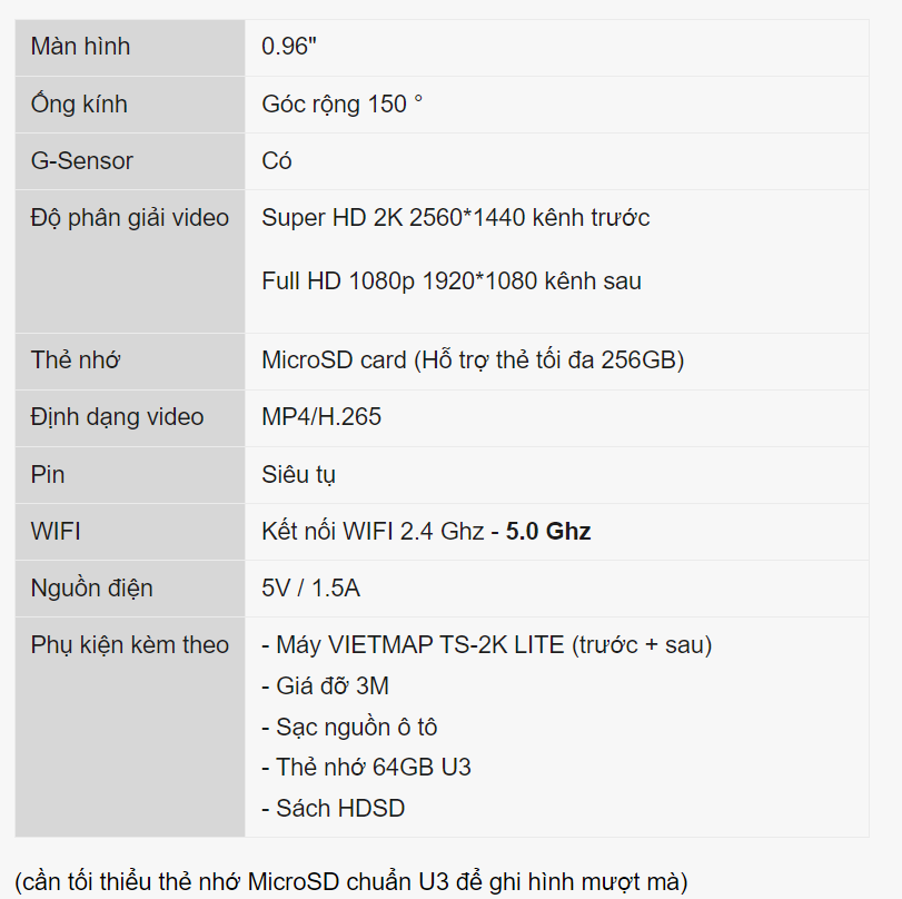 Camera hành trình VIETMAP TS-2K Lite - Ghi hình phía trước và sau - Hàng chính hãng