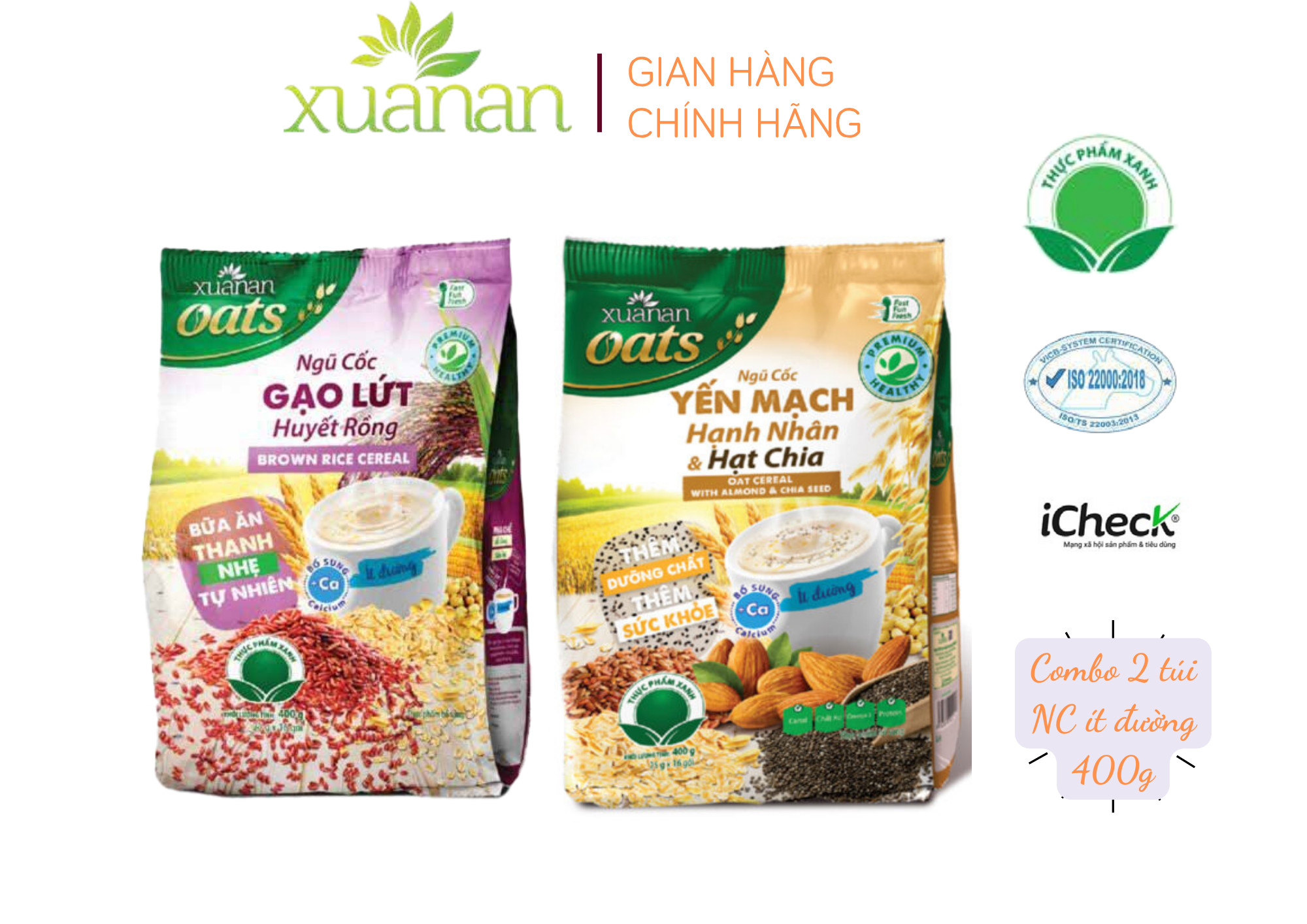 Combo Ngũ Cốc Gạo Lứt Huyết Rồng 400G + Ngũ Cốc Yến Mạch Hạnh Nhân Hạt Chia 400G[ít đường](Tặng Kèm 2 Túi Yến Mạch 150G)