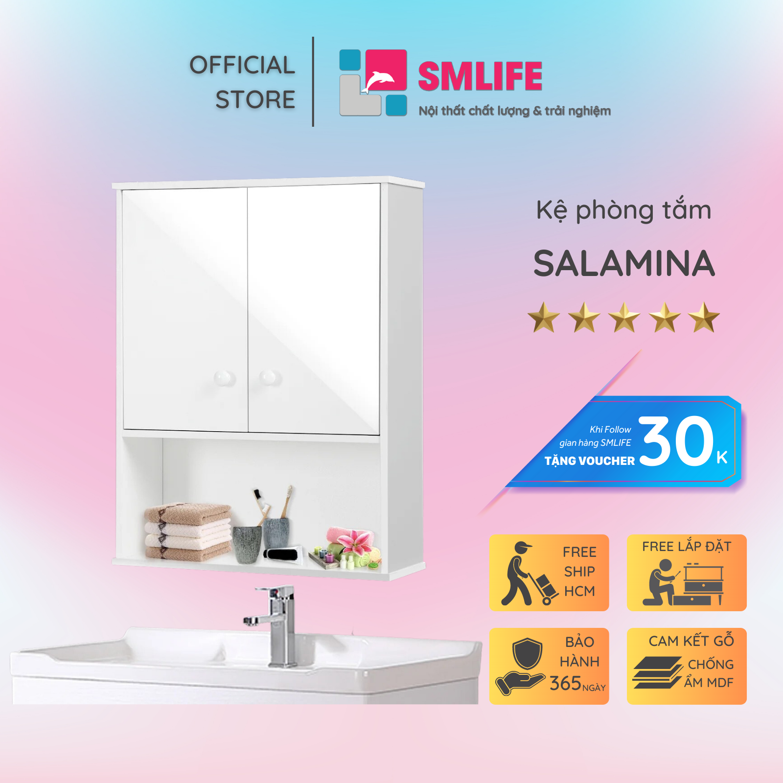 Tủ phòng tắm gỗ hiện đại SMLIFE Salamina | Gỗ MDF dày 17mm chống ẩm | D50xR17xC65cm