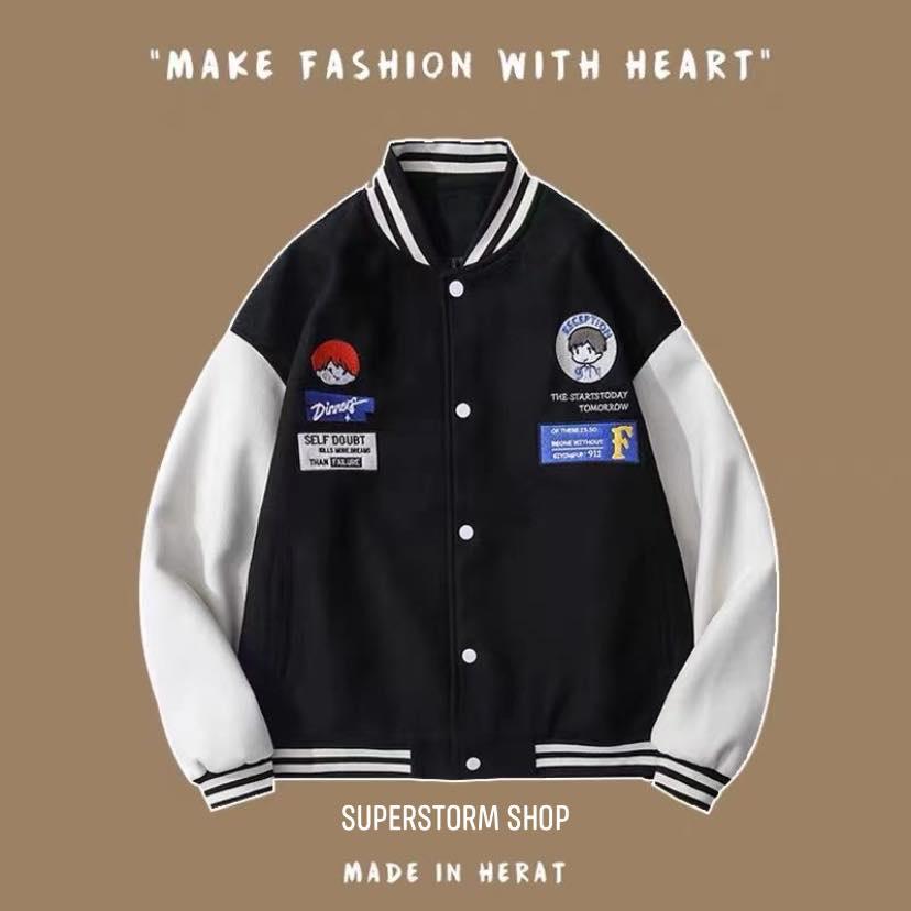 Áo khoác Bomber, Áo khoác bomber 2 lớp phối tay đen trắng freesize form rộng nam nữ mặc đồ đôi cực ngầu