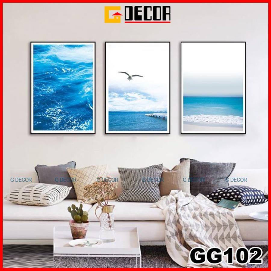 Tranh treo tường canvas khung gỗ 3 bức phong cách hiện đại Bắc Âu tranh biển trang trí phòng khách phòng ngủ, spa 102