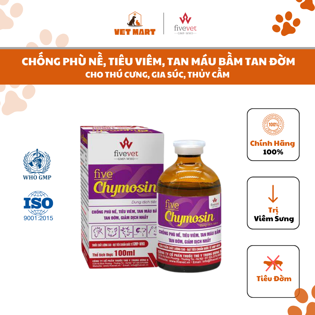 Five-Chymosin-Hỗ trợ chống phù nề, tiêu viêm, tan bầm cho thú cưng