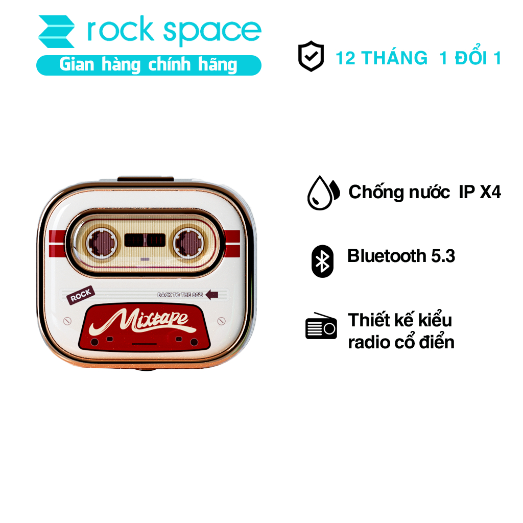 Tai nghe Bluetooth nhét tai không dây TWS Rockspace Retro Mix Tape nghe nhạc lên đến 20h Hàng chính hãng có bảo hành