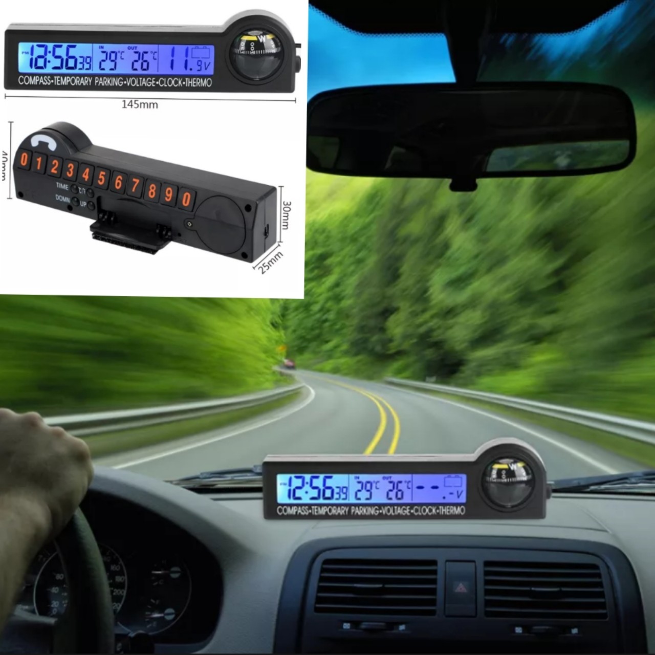 Đồng hồ báo giờ xe hơi kèm bảng số đậu xe 5IN1 đa năng mẫu mới loại tốt màn hình led