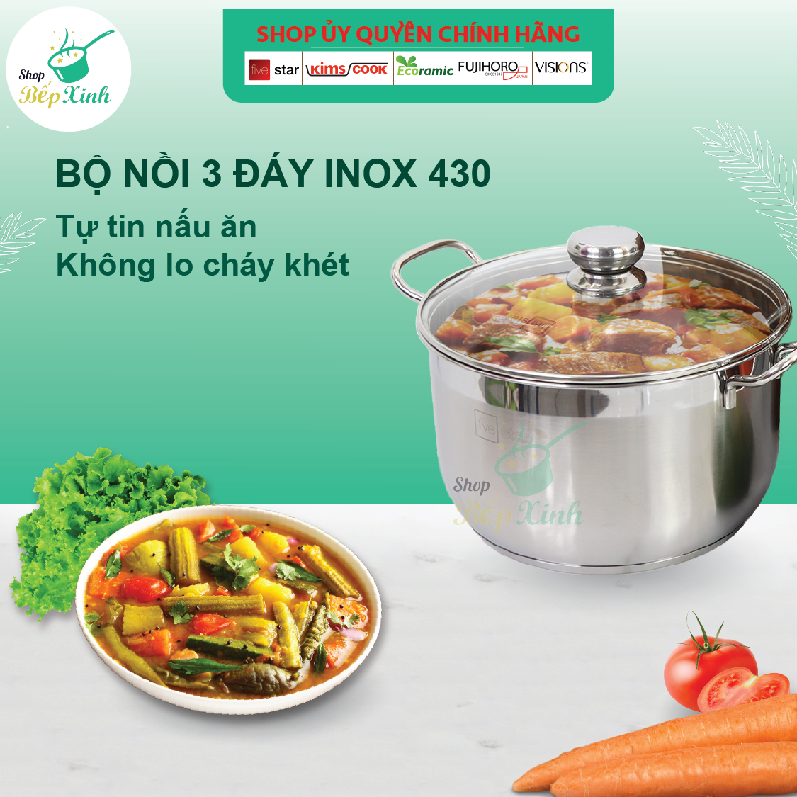 Bộ Nồi Xửng Hấp Inox 430 Bếp Từ 3 Đáy Nắp Kính Fivestar