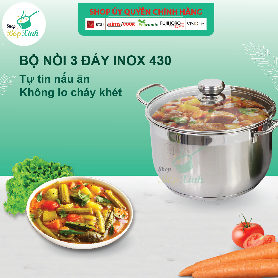 Bộ Nồi Xửng Hấp Inox 430 Bếp Từ 3 Đáy Nắp Kính Fivestar (26cm)