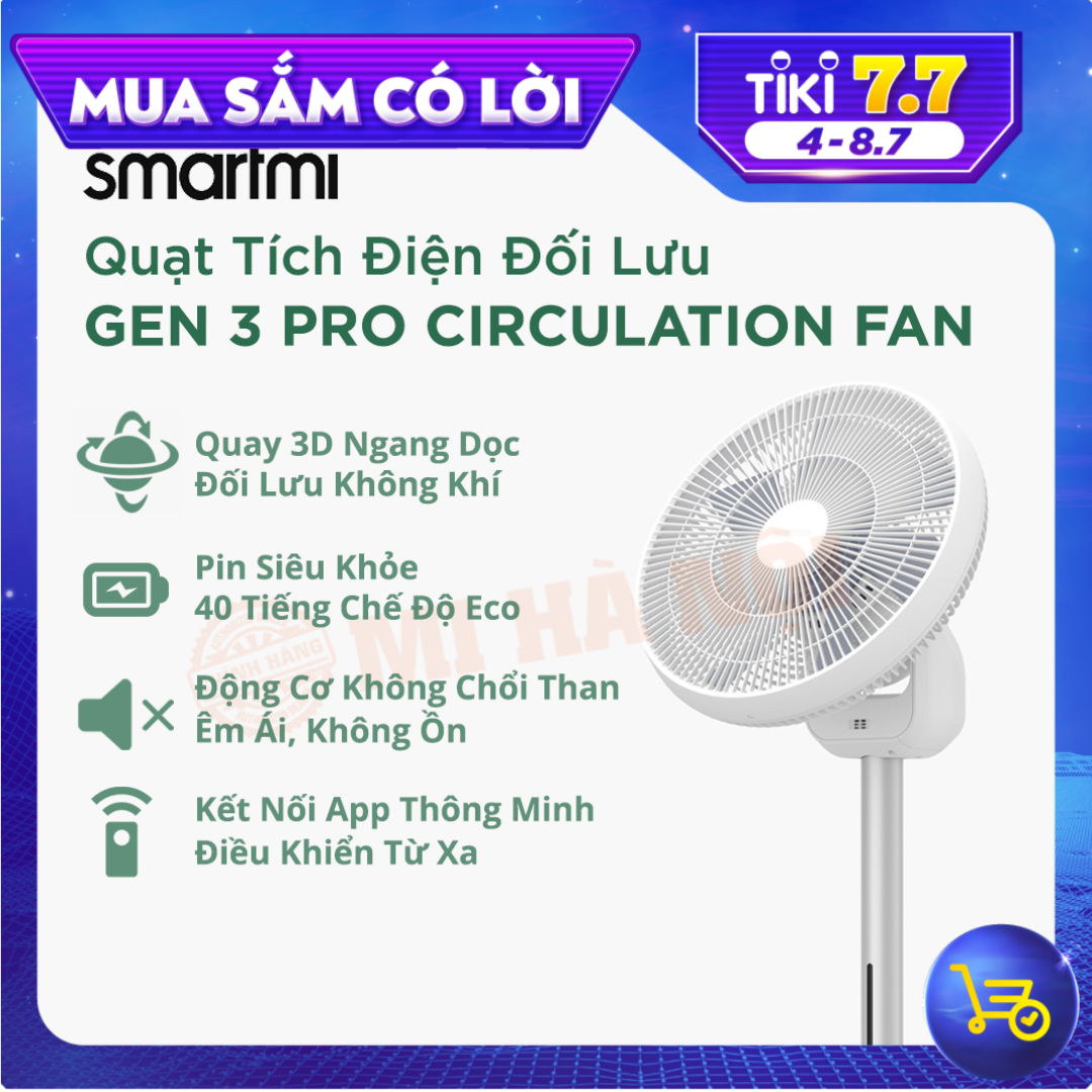 Quạt tích điện đối lưu Smartmi Xiaomi Gen 3 PRO Circulation Fan – Xoay 3D ngang dọc, pin 40 giờ liên tục Hàng chính hãng