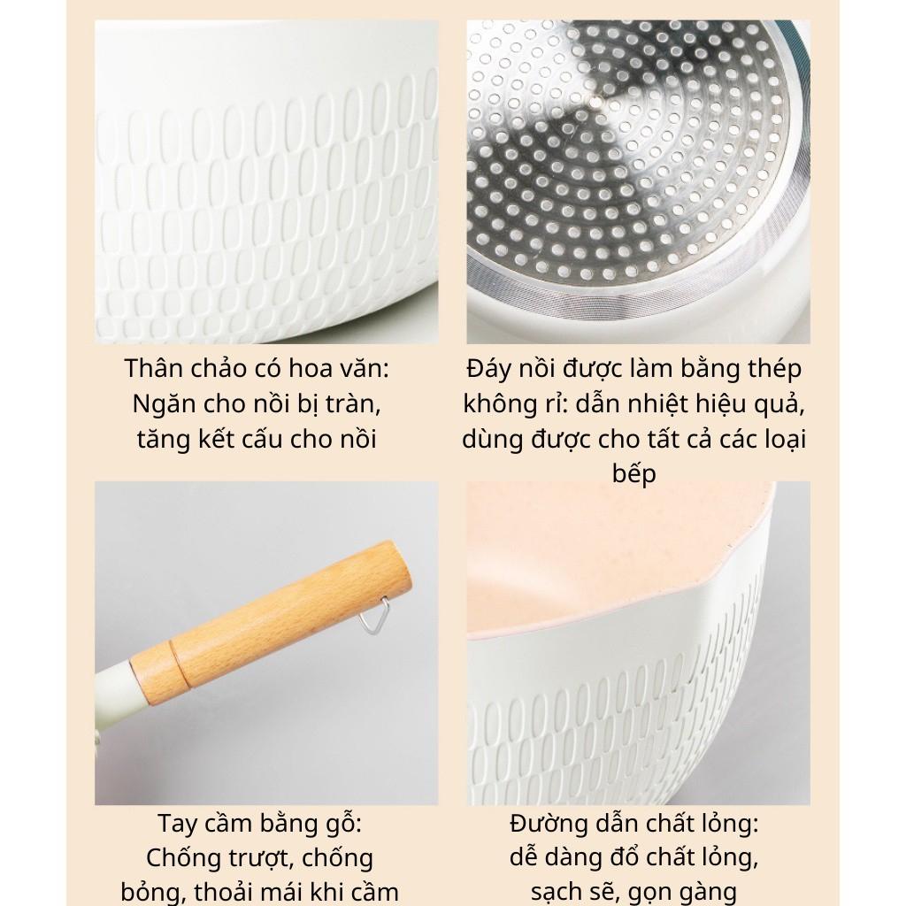 CHẢO SÂU LÒNG CERAMIC LÚA MẠCH  CÓ TAY CẦM CÁN GỖ CHÓNG BỎNG