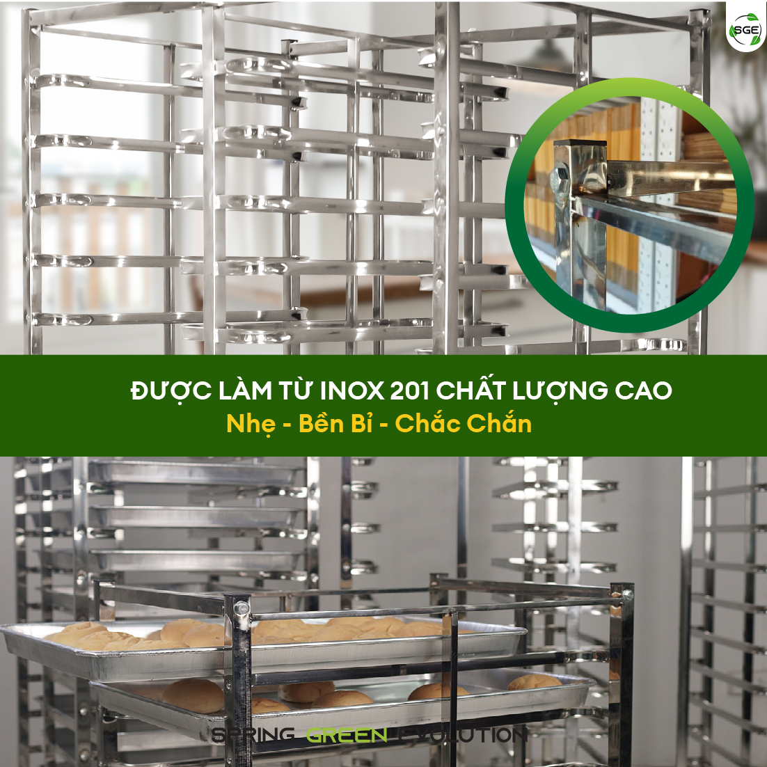 Kệ Inox Khay Bánh, Xe Hong Bánh SGE Chất Liệu Inox Dày Dặn, Có Khoá Bánh. Có 4 Size 6,10,15,30 Tầng