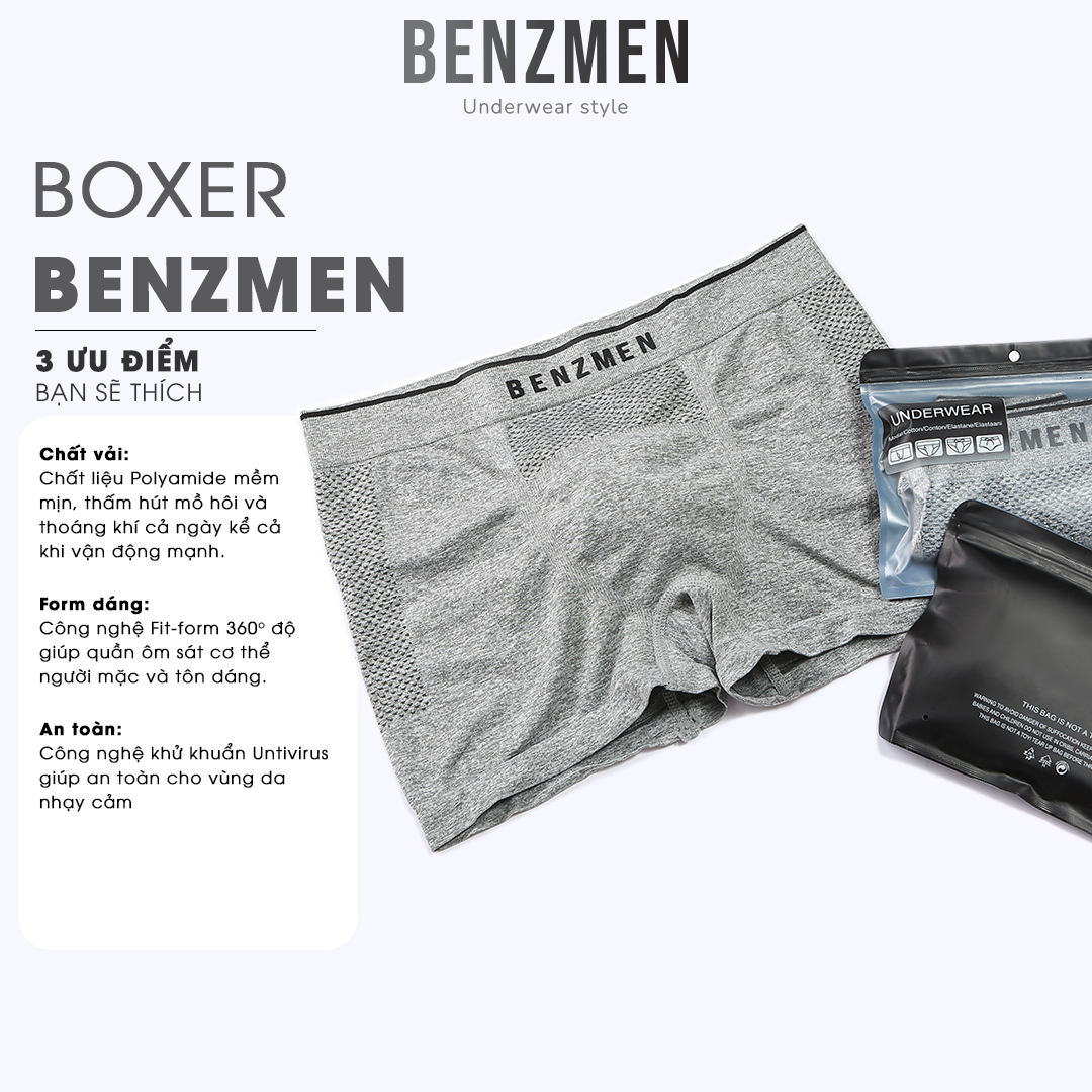 COMBO 5 Quần Sịp Boxer Nam Cao Cấp Benzmen Dệt Từ Chất Liệu Polyamide kết hợp Spandex Thoáng Mát Co Giãn 4 Chiều, Kháng Khuẩn Và Khử Mùi Mồ Hôi BX01