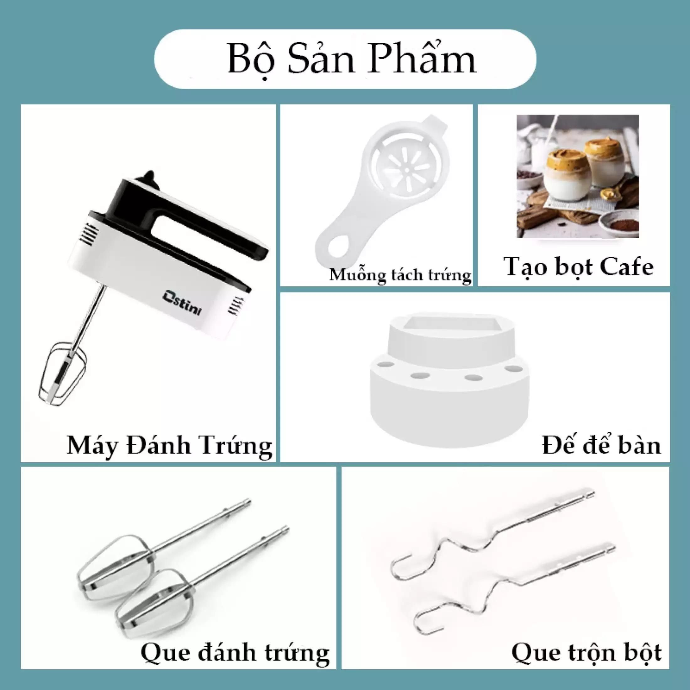 Máy đánh trứng đa năng Ostini thế hệ mới - máy đánh trứng cầm tay 5 chế độ giúp đánh trứng, đánh kem, nhào bột cực tiện dụng - tặng kèm đế để bàn và muỗng tách lòng đỏ