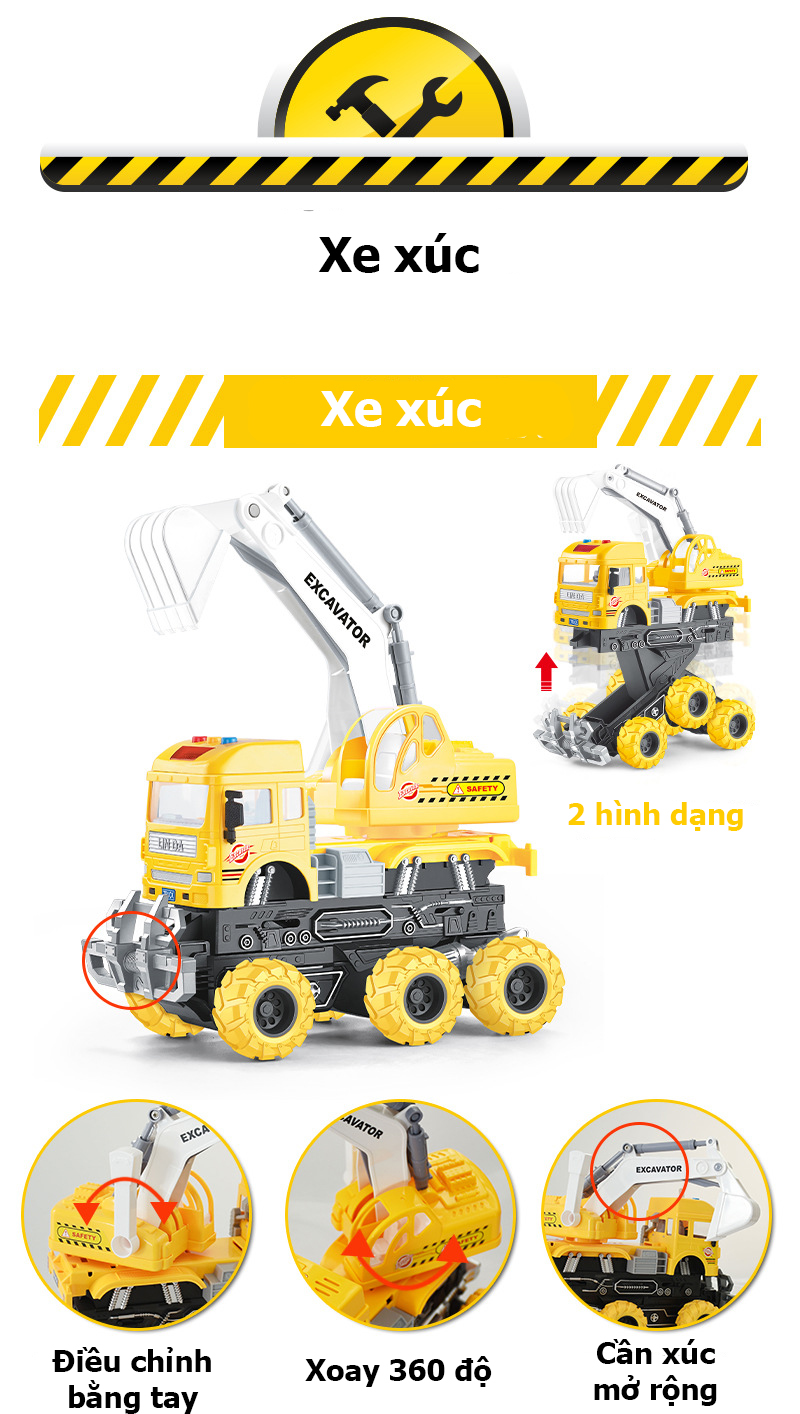 Đồ chơi trẻ em xe tải, xe xúc, xe trộn bê tông KAVY No. 8809 chạy đà có nhạc và đèn kích cỡ lớn bằng nhựa và hợp kim