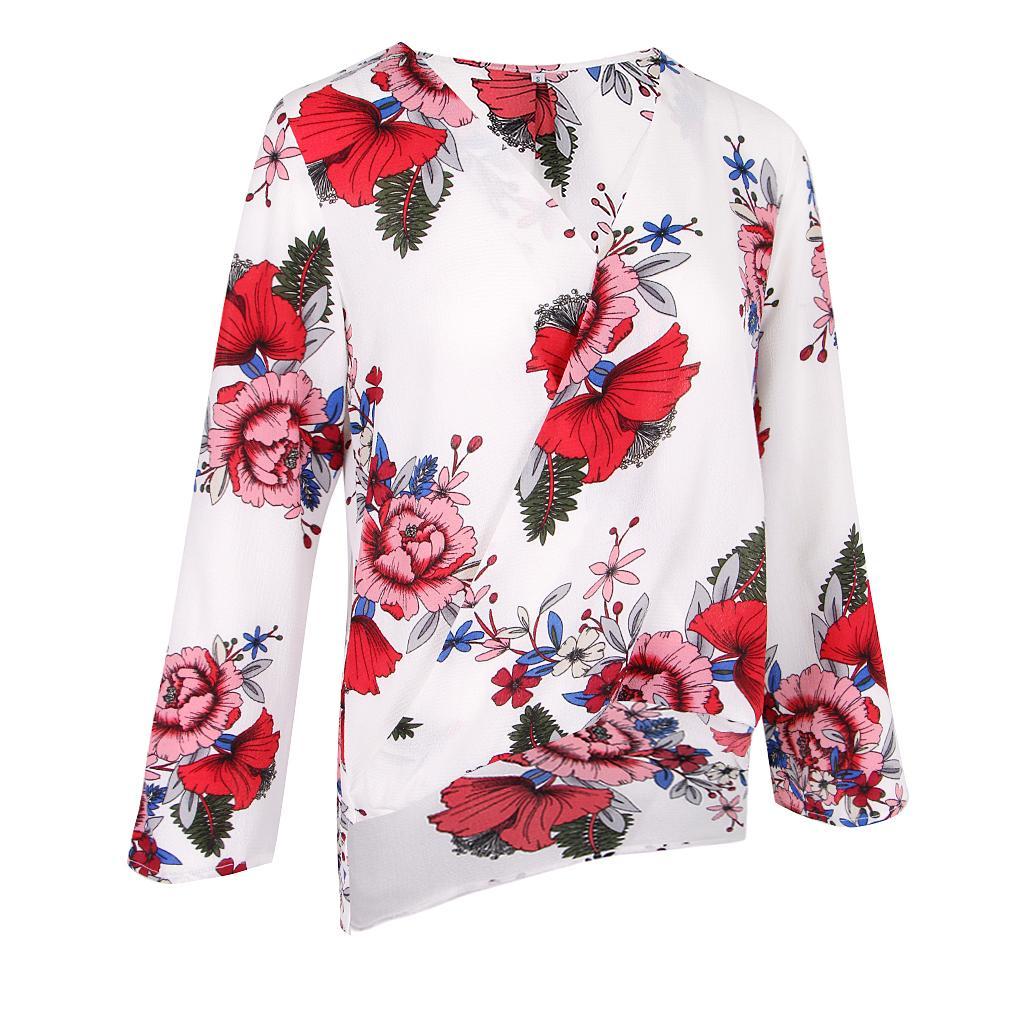 Women's Casual Floral Tops Long Sleeve Deep V Neck Wrap Loose Beach Shirts