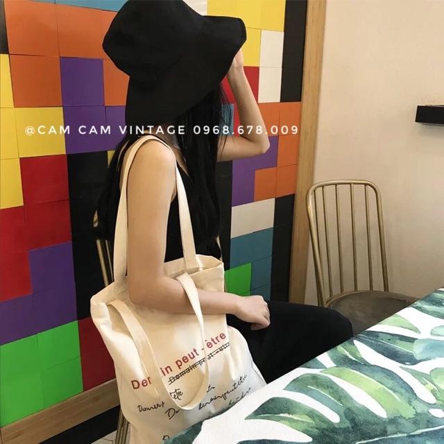 TÚI TOTE VẢI TÚI TOTE TRẮNG NGÀ VINTAGE IN CHỮ XANH