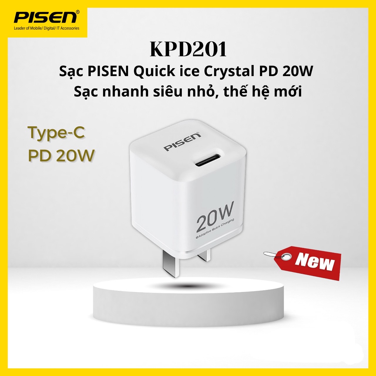 Cóc sạc nhanh PISEN Quick Ice Crystal PD 20W siêu nhỏ ( KPD201 ), Trắng sứ - Hàng chính hãng