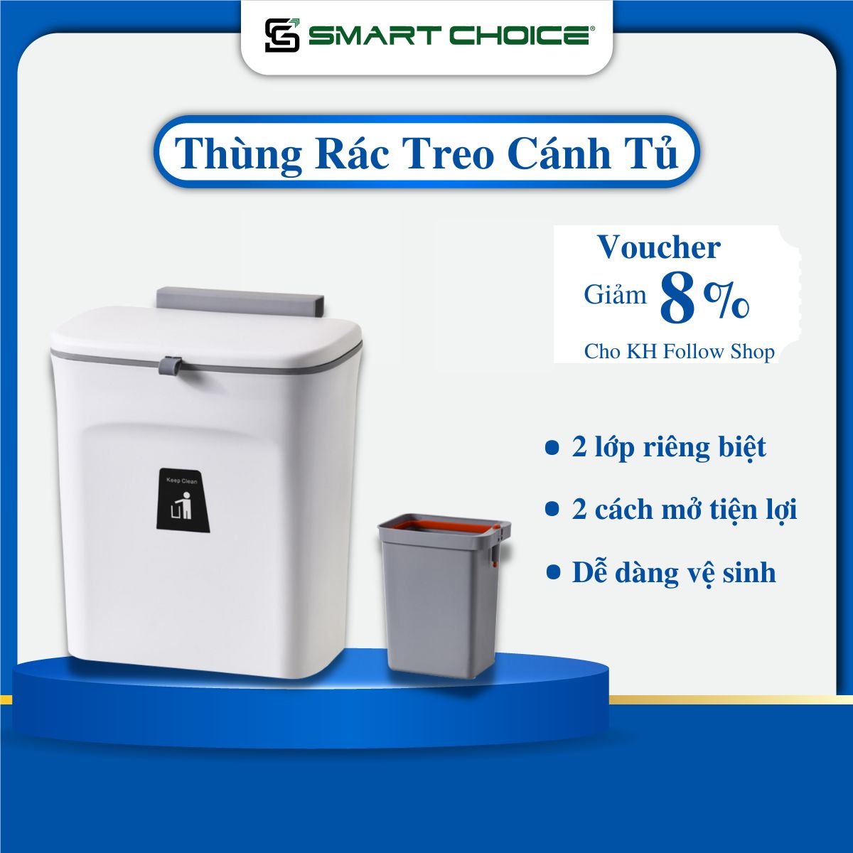 Thùng Rác Treo Tủ Bếp 9L Thông Minh SMARTCHOICE, Sọt Rác Nắp Trượt Treo Tường Kèm Ruột Tách Rời Có Quai Xách Dễ Vệ Sinh