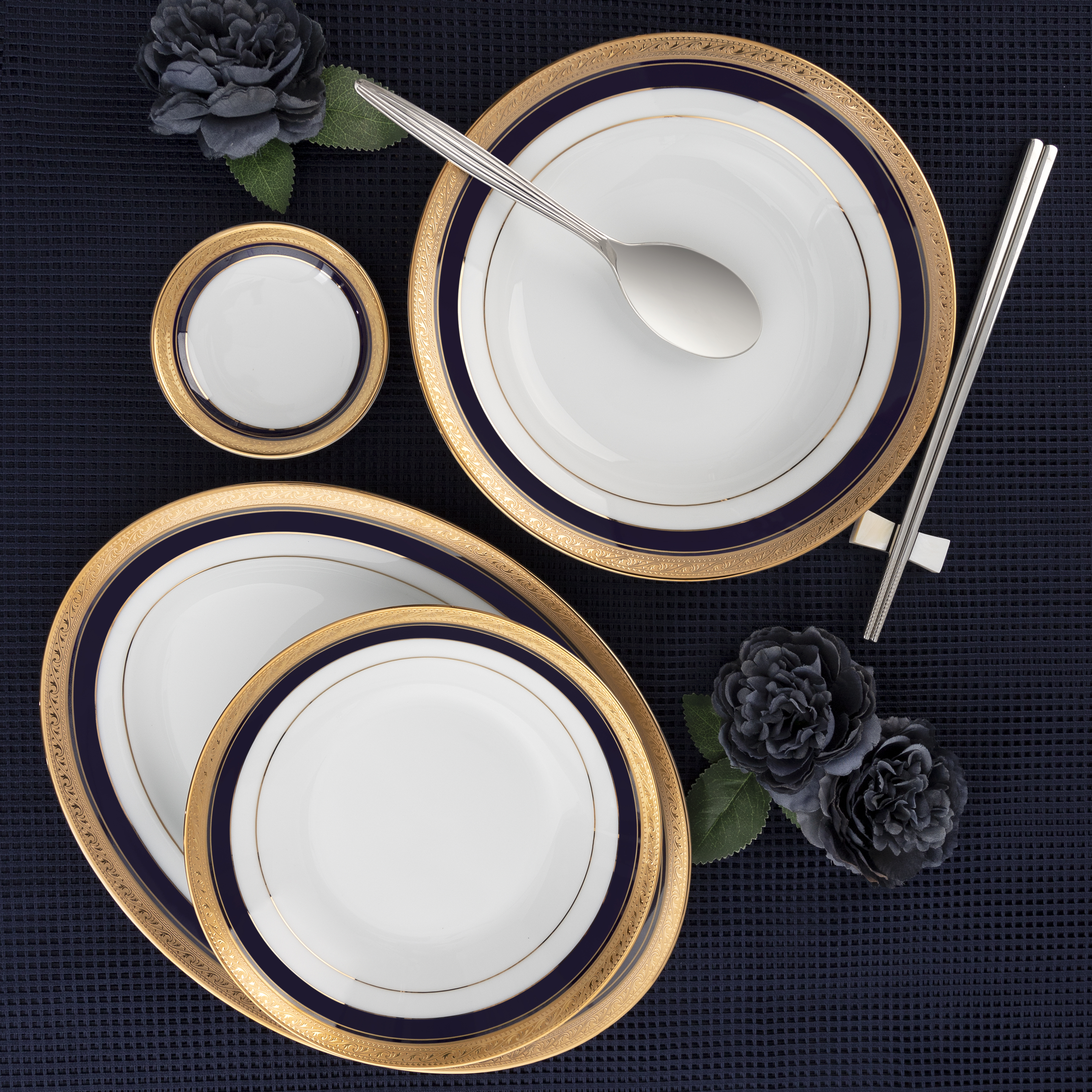 Bộ Bàn Ăn Châu Á Cơ Bản 22 Món Noritake dòng Crestwood Cobalt Gold sứ trắng cao cấp (4171L - D024AL)