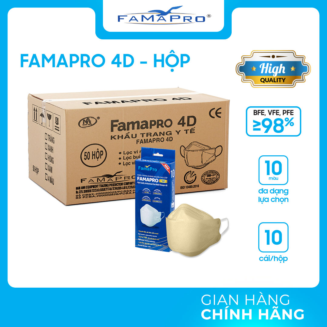 [THÙNG HỘP - FAMAPRO 4D] Khẩu trang y tế kháng khuẩn cao cấp Famapro 4D tiêu chuẩn KF94 (50 hộp/thùng)