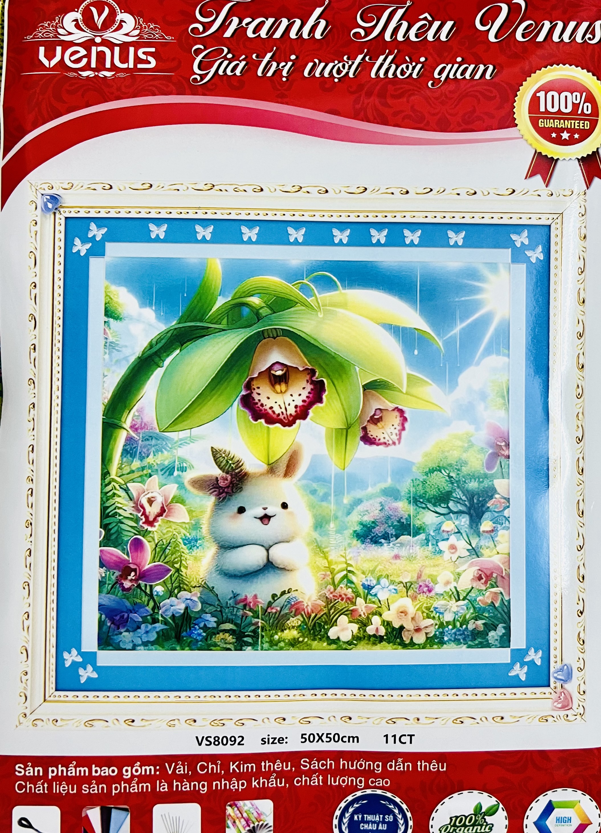 Tranh thêu kín Thỏ dưới tán cây vs8092, kích thước 50 x 50 cm