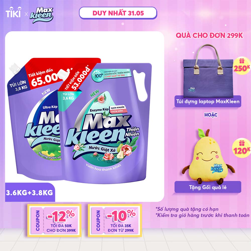 Combo Túi Nước Giặt Xả MaxKleen Thiên Nhiên 3.6kg &amp; Túi Giặt Xả Hương Vườn Sớm Mai 3.8kg